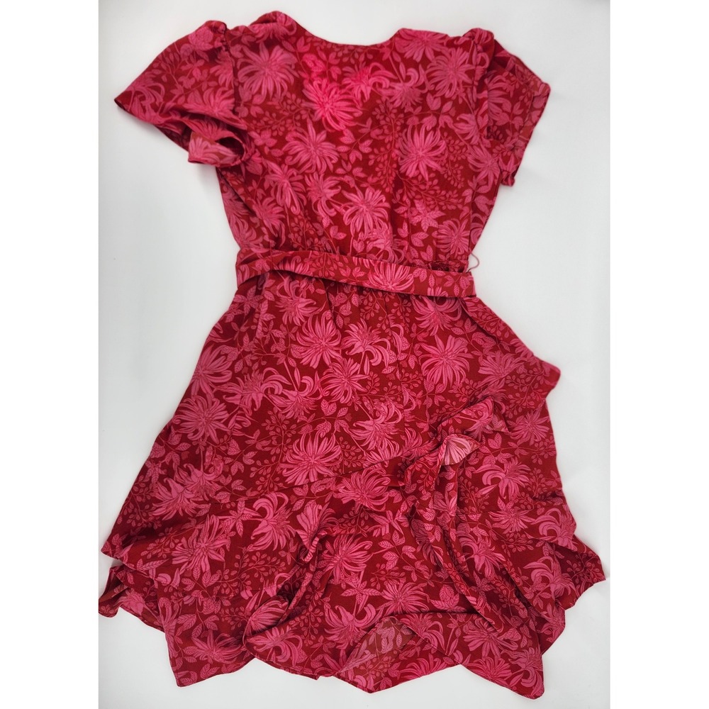 Sofia Jeans by Sofia Vergara Red Pink Floral Wrap Midi Dress Tiered Ruffle M - Picture 2 of 6
